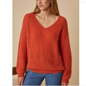 Des Petits Hauts Critou Flamingo Cozy Orange V-Neck Mohair Mirons wool Sweater